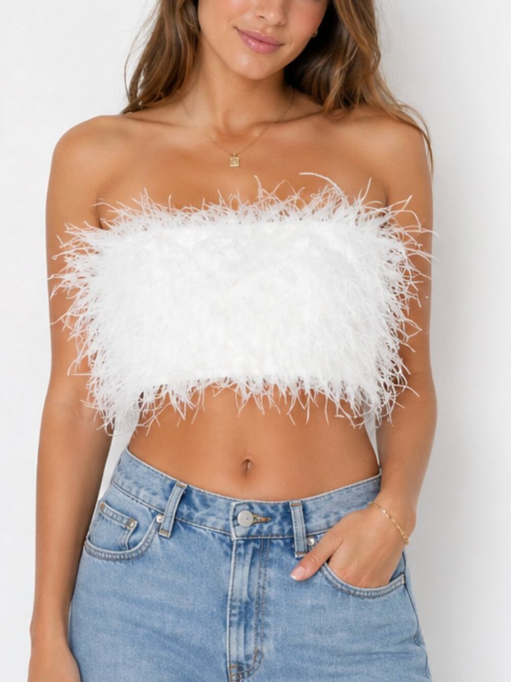 White Feather Tube Top /Feather Bandeau Top